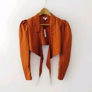 WeWoreWhat Womens Small Bisou Burnt Orange Puff Sleeve Tie Front Crop Blouse
